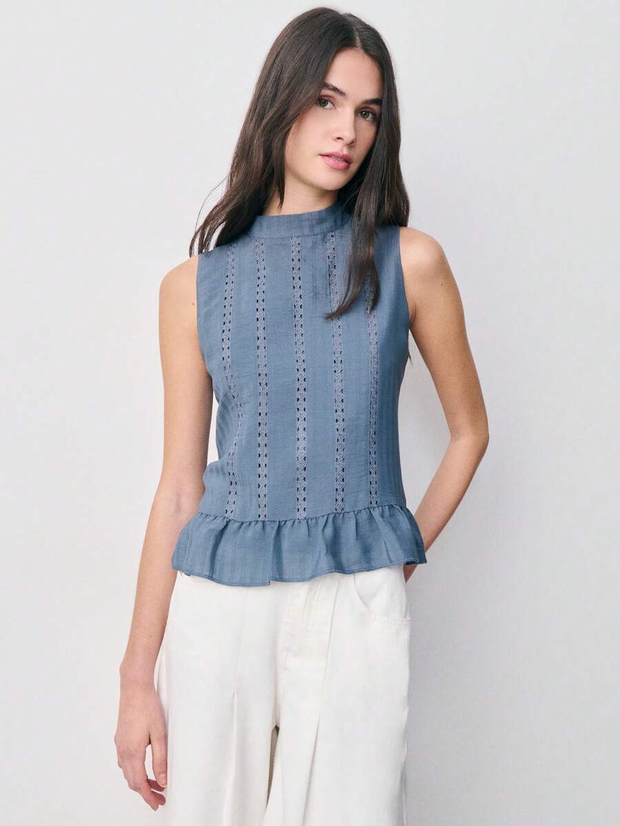 Nöista Sleeveless Blouse With Lace Stripes, A Medium Neckline, And A Ruffled Hem And Back Button Closure. Spring, Summer, Easter. - Navy Blue - View 1