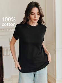 Anewsta Women's Fashionable Elegant Casual Black Short Sleeve T-Shirt, Versatile From Spring To Summer - Black - View 1