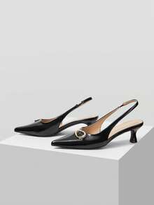 Mnmlis 女士尖头金属装饰时尚日常通勤高跟鞋 - 黑色 - 查看 4