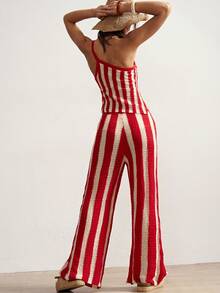 Bohemela Women's Belted Striped Casual Wide Leg Knit Pants - Red - View 7