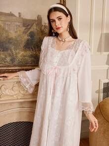 PalaceNights 复古宫廷风女士圆领吊带连衣裙 + 3D蝴蝶刺绣长袍套装 - 白色 - 查看 3