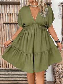 EMERY ROSE 大码女式纯色深V领蝙蝠袖休闲连衣裙 - 綠色 - 查看 4