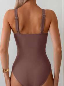 Swim Basics Áo tắm liền thân tối giản màu trơn dành cho nữ, kiểu quấn chéo, thích hợp cho kỳ nghỉ biển. - Màu nâu  Mocha - Xem 2