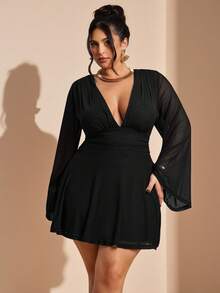 SHEIN BAE V-Neck Patchwork Waist Cinched Long Sleeve Short Dress - Black - View 6