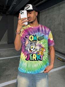 TOM & JERRY X SHEIN Men's Letter & Cartoon Pattern Tie-Dye Crew Neck Short Sleeve T-Shirt - White - View 6