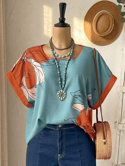 EMERY ROSE Plus Size Women's Summer Casual Vacation Country Short Sleeve Floral Print  Blouse Shirt Top, Summer Holiday,Spring Break Outfits ,Vacation Outfits Women ,Holiday Outfits For Women,Spring Dress Women,Going Out Outfits,2026 New Clothes,Simple And Fashionable For Everyday Wear,Casual Vacation Boho Top