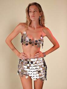 Glamine Women's Summer Sequin Swimwear Set, Women's Summer Sexy Swimwear Set, 26ss New Beach Party Holiday Swimwear, Summer 2026 Summer Outfits For Women Beach Dress Beach Outfits For Women Elegant Casual Summer Holiday Outfits Vacation Outfits For Women Swimwear Bathing Suits For Women Vacation Boho Sexy Plain Plaid Striped Casual Sequin Two Pieces Set Festival Two Pieces Outfit 2 Pieces Party Outfits Sequin Outfit Women Sequin Bikini - Silver - View 1