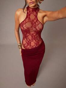 Silquee 纯色蕾丝拼接透视无袖性感迷你连衣裙，秋冬款 - 酒紅色 - 查看 5