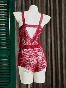 SHEIN Lace Trim Back Faux Silk Camisole And Shorts Women Pajama Set - Burgundy - View 7