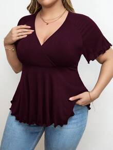 SHEIN Privé Plus Size Deep V-Neck Ribbed Knit A-Line Waist T-Shirt, Summer Tops Plus Size Tops - Rose Red - View 6