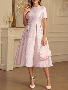 Ellevyn 女士圆领短袖提花纹理面料粉色收腰褶裥A字优雅日常/约会中长连衣裙，早春 - 粉色 - 查看 5