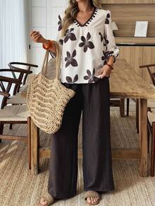 Elouméa 女士休闲度假V领印花短袖衬衫和阔腿裤两件套，春夏款 - 彩色 - 查看 4