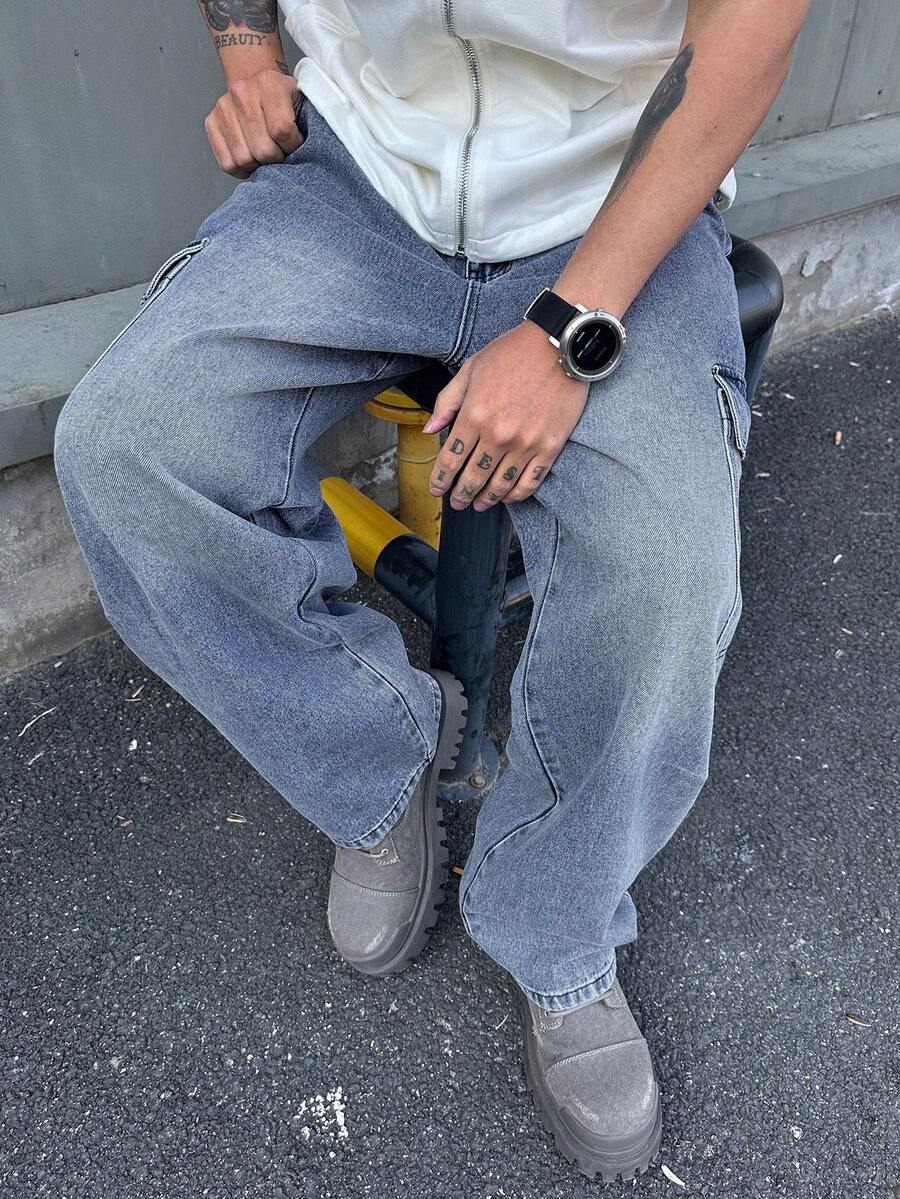 DAZY 男士水洗做旧蓝色牛仔裤，春季款 - 藍色 - 查看 1