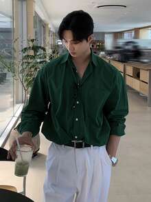 DAZY 男士绿色纽扣前开襟休闲百搭长袖衬衫，春季 - 綠色 - 查看 1