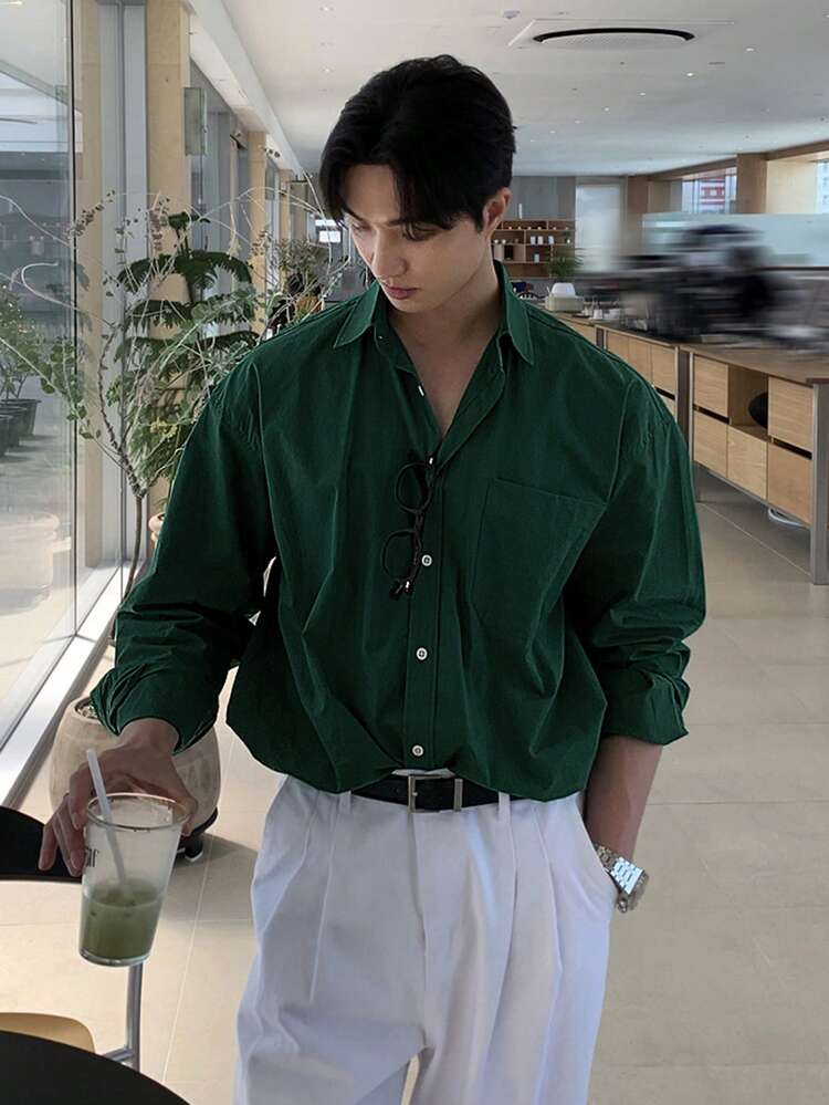 Men's Green Button-Front Casual Versatile Long Sleeve Shirt, Spring