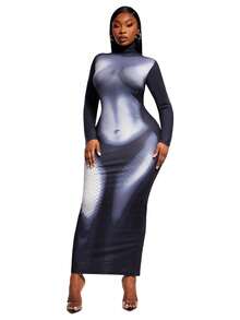 SHEIN SXY 大码时尚性感印花高领修身长裙 - 彩色 - 查看 6