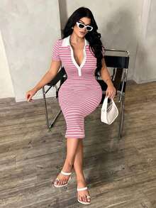 SHEIN SXY 女士休闲条纹Polo衫连衣裙，针织弹力修身中长连衣裙，法式优雅连衣裙 - 粉色 - 查看 6