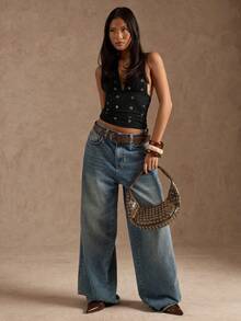 SHEIN BAE Áo tank top nữ thời trang thường ngày, cổ yếm, hở lưng, đính đinh tán. - màu đen - Xem 3