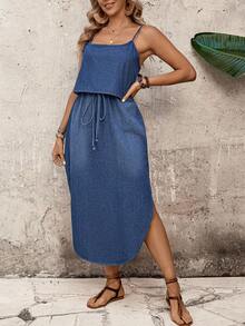 EMERY ROSE 女士打结开衩不对称下摆时尚度假约会牛仔吊带裙 - 藍色 - 查看 1