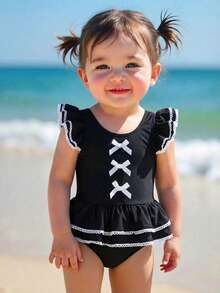 SHEIN 女婴度假蝴蝶装饰荷叶袖连体泳衣 - 黑色 - 查看 9