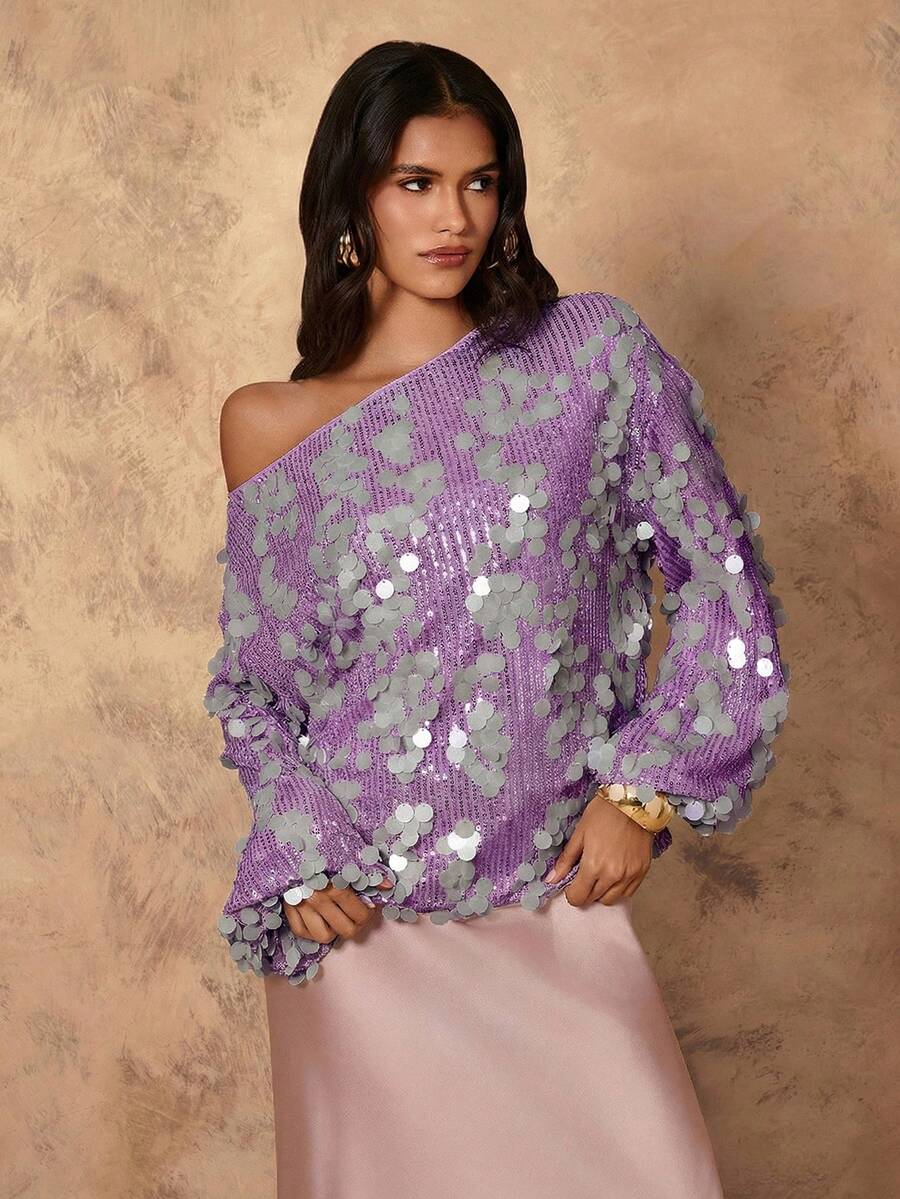 Rafferiza 女士优雅亮片露肩宽松灯笼袖衬衫，秋季 - 紫色 - 查看 1