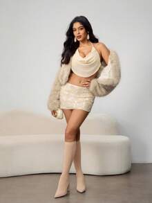 CUCCOO SZL 女士时尚高跟尖头闪亮踝靴圣诞节、约会之夜礼服情人节 - 杏色 - 查看 6