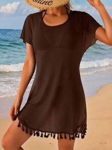 Swim Lushoire 女士沙滩度假装短袖拼接流苏网纱罩衫T恤裙 - 棕色 - 查看 3