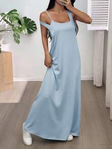 SHEIN EZwear 女士纯色简约设计休闲长裙，夏季 - 藍色 - 查看 4