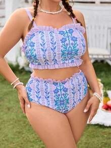 Swim Mod Conjunto de traje de baño de talla grande para mujer con tirantes finos y shorts regulares, adecuado para vacaciones en la playa, primavera/verano - Multicolor - Ver 3