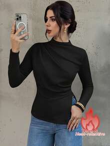 Firerie Women's New Design Sense Mock Neck Long Sleeve T-Shirt, Fashionable And Elegant Fitted Undershirt For Autumn/Winter, Side Slit Casual Top, Coffee Color Long Sleeve T-Shirt, Knitted Stretchy Fabric Top, Suitable For Spring, Autumn And Winter, Elegant, Commute, Casual, Daily, Minimalist, Work Wear - Black - View 7