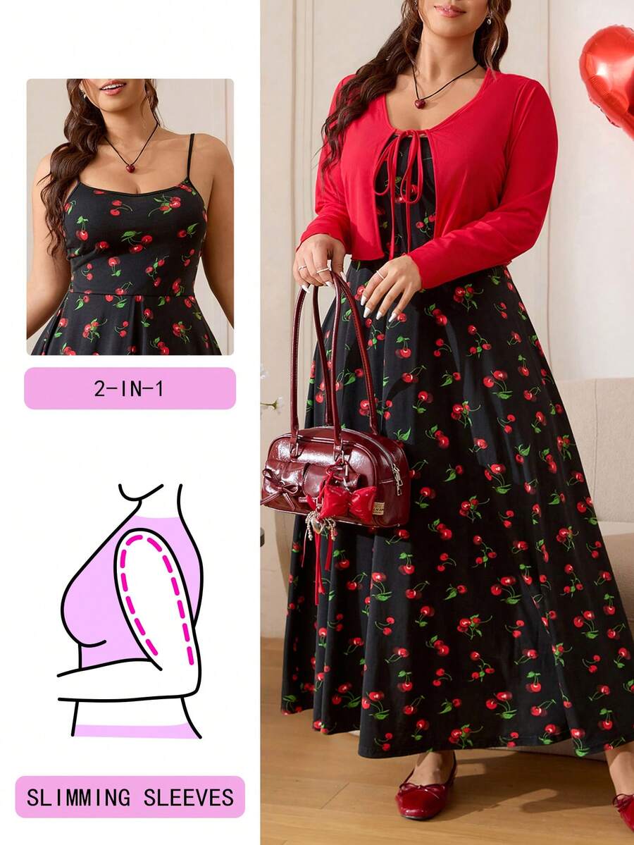 Solflare Bộ đồ 2 món dành cho nữ cỡ lớn: áo khoác cardigan buộc dây phía trước màu trơn và váy hai dây in họa tiết quả anh đào, thích hợp cho mùa xuân/hè. - Nhiều màu - Xem 1