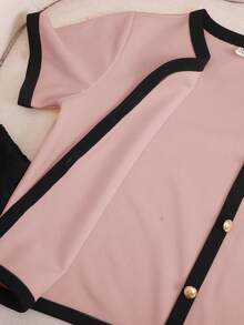 SHEIN 2pcs Tween Girl Contrast Color V-Neck Short Sleeve Shirt And Casual Pants Set - Pink - View 3