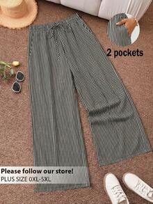 CosyJoli 大码女式春夏新款条纹沙滩短裤，适合情人节等场合，通勤时尚，条纹阔腿裤带口袋。沙滩度假/大学生度假风邮轮女式夏季宽松裤/宽松裤，大码女式休闲裤。 - 黑與白 - 查看 3