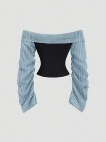 Sweetra 哥特风不对称荷叶边露肩长袖性感修身派对女式上衣 - 藍色 - 查看 2