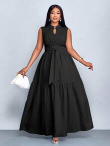 SOLERSUN 加大码蓝色立领前开襟无袖束腰系带连衣裙女式优雅休闲时尚通勤外出连衣裙夏季新款女装 - 黑色 - 查看 6