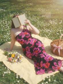 SHEIN MOD 大码复古黑色底红色花卉优雅网纱不对称肩部修身美人鱼连衣裙，优雅花卉度假连衣裙 - 彩色 - 查看 5