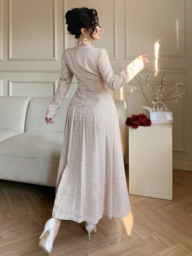 Elegant Women's Mid-Length Dress With High Collar And Ruffle Hem Waist Decor Wedding Guest Dress Sundress