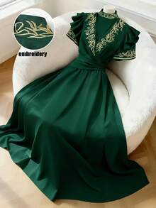 GlowEve Women's Embroidered Collar Waist A-Line Elegant Everyday Vacation French Retro Commute Fashion Valentine's Day Date Street Versatile Party Midi Dress, Olive Green, Early Spring/Spring-Summer - Green - View 1