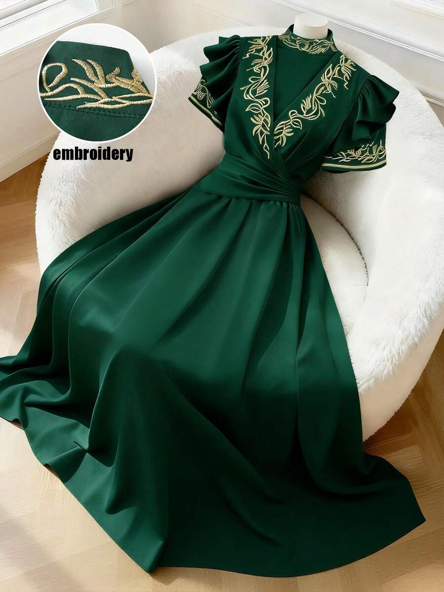 GlowEve Women's Embroidered Collar Waist A-Line Elegant Everyday Vacation French Retro Commute Fashion Valentine's Day Date Street Versatile Party Midi Dress, Olive Green, Early Spring/Spring-Summer - Green - View 1