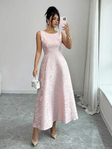 SHEIN Elenzya Women's Jacquard Fabric Backless Design Waist Cinched A-Line Elegant Everyday/Vacation/Commute Fashion Valentine's Day Date French Street Vintage Versatile Early Spring/Spring-Summer Sleeveless Light Pink New Mid-Length Dress - Pink - View 3