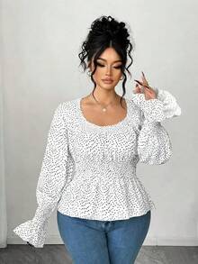 Elenzga Plus-Size Women's Spring/Summer Casual Dress For Picnics And Gatherings. Classic Black-And-White Polka-Dot Print. Cute, Fresh, And Elegant Style With A French-Inspired Sweet Design. One-Shouldered Neckline, Cable-Knit Waistband For A Loose, Comfortable Fit. Ruffled Hem And Waist-Constricting Design. Perfect With Doll-Like Blouses Or Shirts. - Black and White - View 7