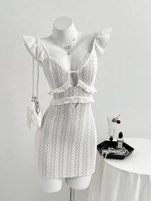 Elamini 女士深V领纹理面料荷叶边下摆修身连衣裙 - 白色 - 查看 4