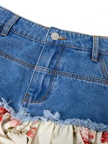 GlowEve 女士碎花拼接牛仔迷你裙 - 藍色 - 查看 4