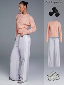 Menodora SHEIN Sport 女士休闲纯色圆领毛衣 - 粉色 - 查看 7