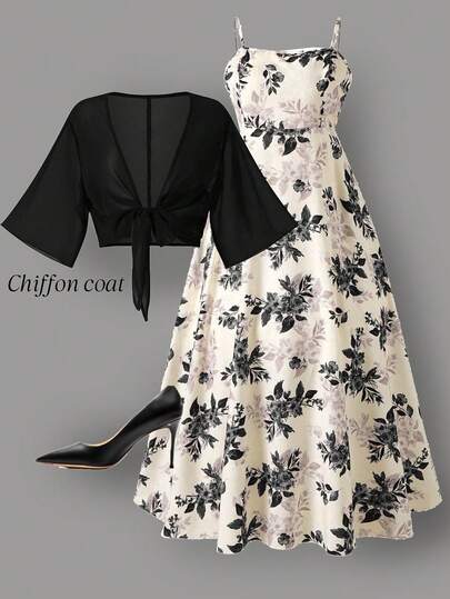 DreamSkyne Plus Size Women's Elegant Chiffon Jacket Paired With Ditsy Floral Dress 2-Piece Set, Suitable For Back To School, Graduation, Valentine's Day, Music Festival, Mother's Day, Halloween, Thanksgiving, Easter, National Day, Prom, Date Party, Wedding Season, Outdoor Excursion Floral Formal Wear Elegant Summer Dresses Classy Dresses Midi Formal Dress Chic Dress