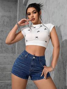 Jeanoix 大码Y2K牛仔风蓝色弹力性感紧身短裤，春季女装 - 深色水洗藍 - 查看 5