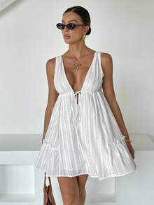 Siren Gaze 女式无袖前系带休闲迷你连衣裙 - 白色 - 查看 4