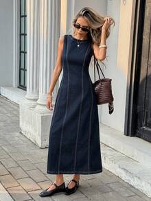 Serisse Women's Round Neck Sleeveless Casual Denim Dress Spring To Summer Valentine's Day Carnival Costume Commuting Vacation Graduation Chic Y2k Cute Streetwear Coquette Party Wedding Elegant Business Casual Woman Women's Sleeveless Dark Wash Denim Midi Dress With Back Zipper And Slit Detail - Blue - View 7