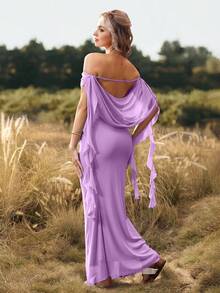 Cheriluna Maternity Đầm bầu maxi hở vai, màu trơn, thích hợp cho tiệc Giáng sinh, tiệc trang trọng, tiệc mừng em bé sắp chào đời. - Màu tím - Xem 2