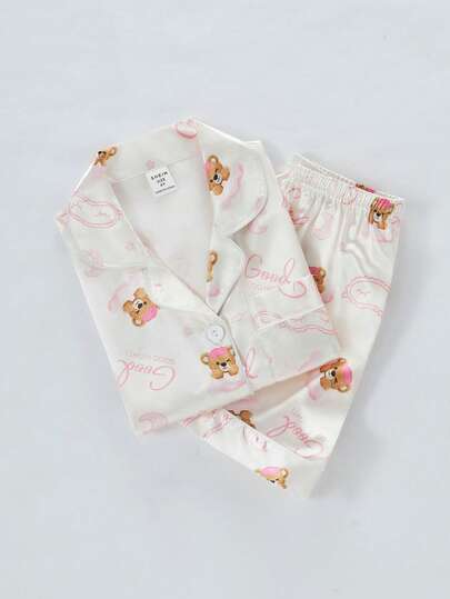 SHEIN 2pcs/Set Young Girl' Apricot Bear Print Pique Polo Collar Cardigan & Shorts Casual Comfortable Loungewear, Suitable For Summer